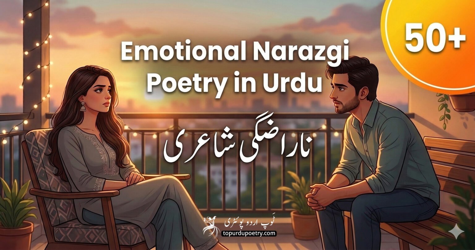 A sad couple sitting on a balcony at sunset featuring emotional narazgi poetry in Urdu and khafa shayari text.