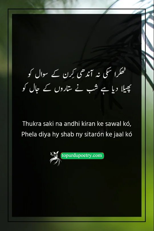 urdu poetry about hope: A profound couplet describing how a ray of light survives the storm and how the night is adorned with a net of stars.