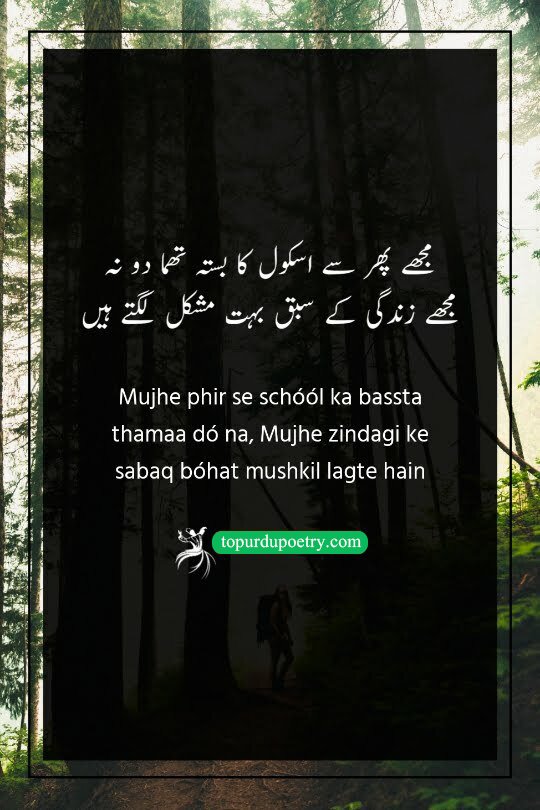 dard poetry in urdu: A touching couplet where the poet wishes to trade the difficult lessons of adult life for the simplicity of carrying a school bag once again.