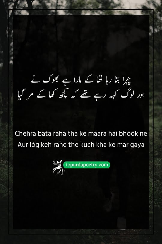 dard poetry in urdu: A stinging couplet describing a person who died of starvation while the world falsely claimed they died by consuming poison to hide the harsh truth.