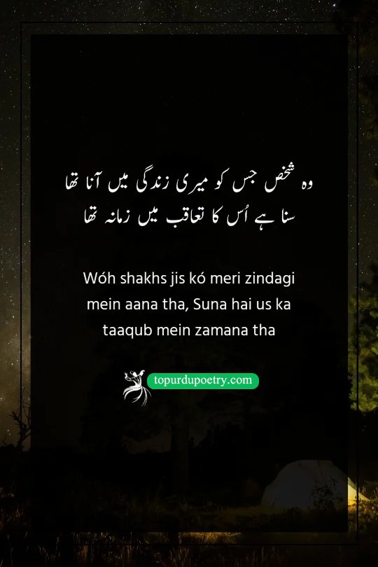 sad poetry about life in urdu: A poignant couplet where the poet realizes the person they wanted in their life was being pursued by the entire world.