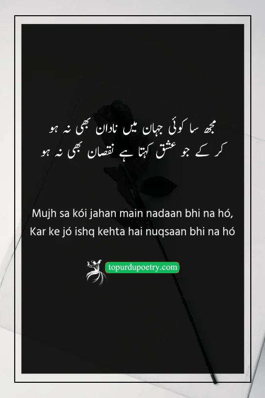 heart touching sad quotes in urdu: A self-reflective couplet where the poet calls themselves a fool for expecting to fall in love without facing any loss or pain.