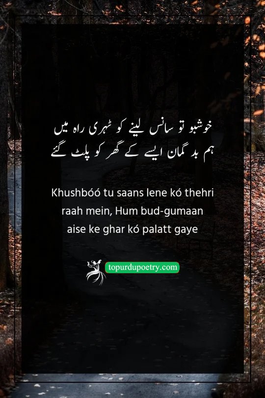 heart touching sad poetry in urdu:  poignant couplet where the poet laments how their own mistrust caused them to turn back and miss a beautiful, welcoming moment.