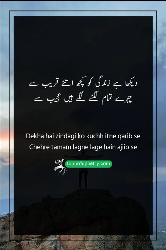 Poetry about life Urdu​: A thought-provoking Urdu poetry visual showing a clear, focused individual standing amidst a crowd of people with blurred or distorted faces, symbolizing the realization that 'chehre tamam' (all faces) look 'ajiib' (strange) after experiencing life's harsh realities.

