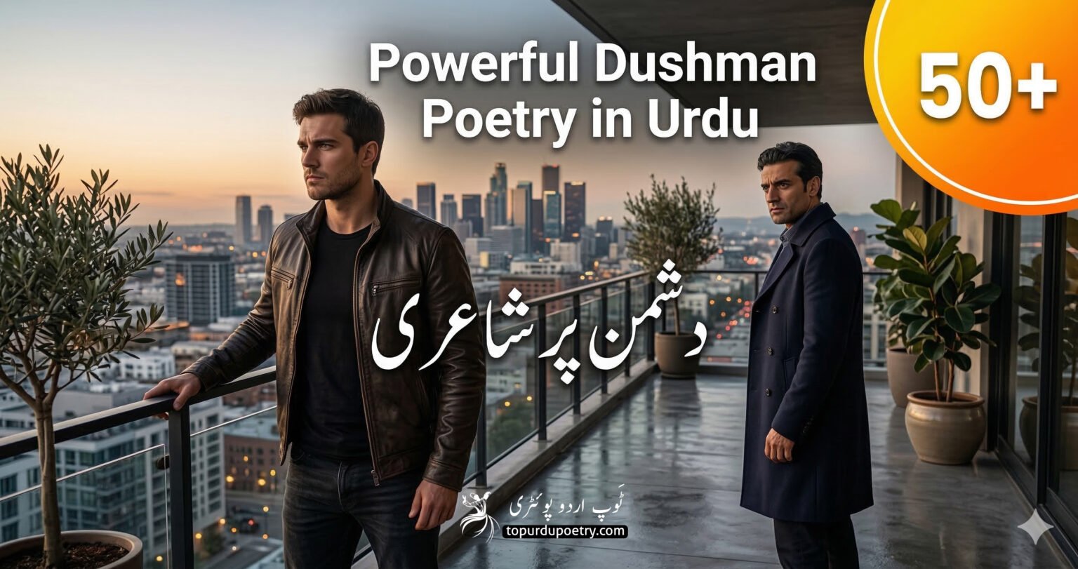 A realistic tense standoff between two rival men on a city balcony representing powerful dushman poetry in urdu and dushman quotes.