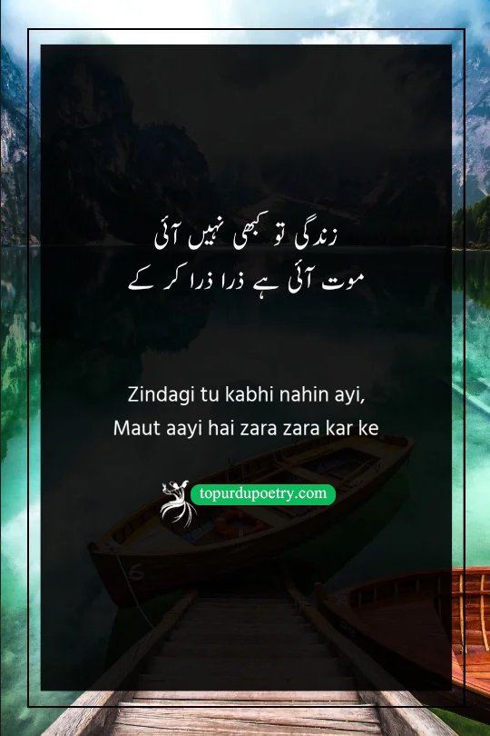 intensely depressing urdu poetry​:A melancholic Urdu poetry visual showing a single leaf slowly withering on a branch, symbolizing 'maut aayi hai zara zara kar ke' (death arriving bit by bit) and a life unfulfilled.

