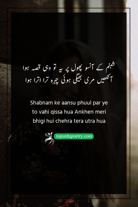 shayari on eyes: A poignant couplet where the poet describes their tearful eyes and the beloved's dejected face, likening the scene to dew drops resting on a flower.