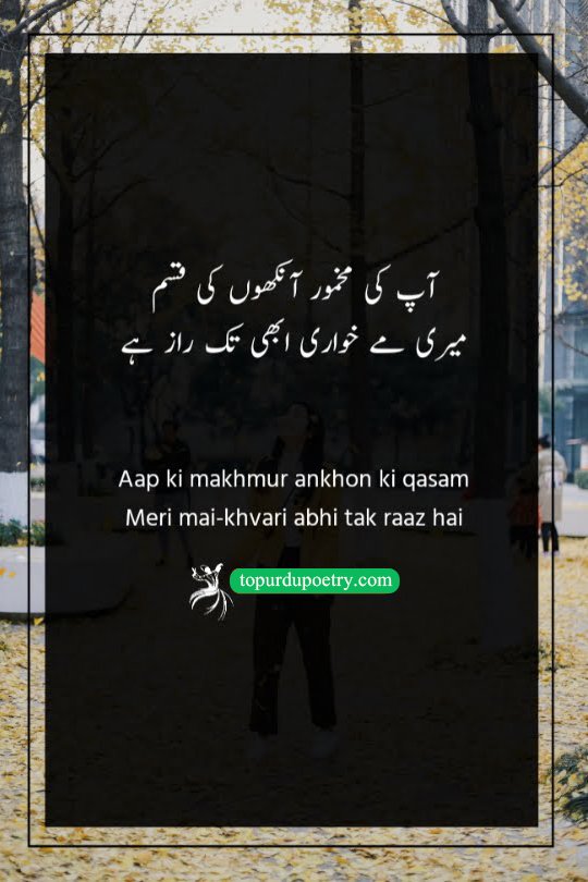 eyes quotes in urdu: A classic couplet where the poet swears by the beloved's wine-like gaze, confessing that their own state of intoxication remains a well-kept secret.