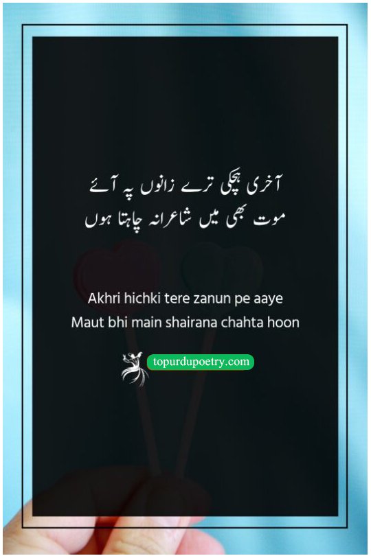 friends love poetry in urdu: A romantic couplet expressing the wish for a poetic and beautiful death in the arms of a beloved.