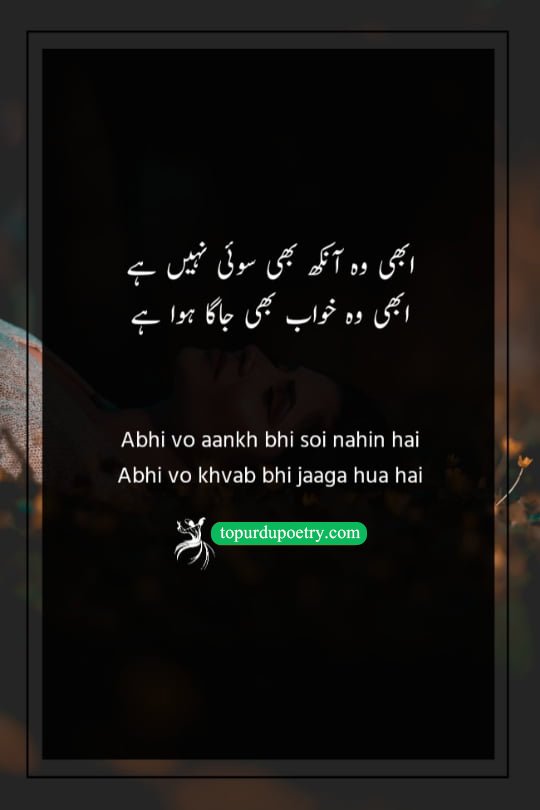 shayari on eyes in urdu: A deeply atmospheric couplet describing restless anticipation, where neither the eyes have slept nor the dream itself has gone to rest.