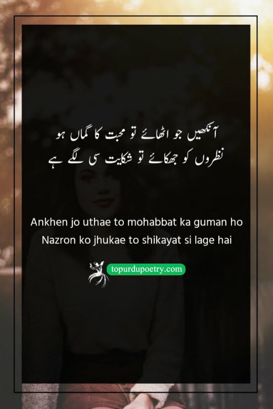 urdu poetry on beautiful eyes: A beautiful couplet describing the lover's dilemma, where raising the eyes feels like love and lowering them feels like a grievance.