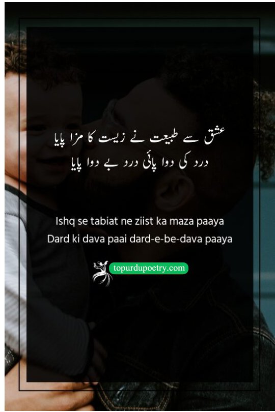 sad love poetry: A philosophical Mirza Ghalib couplet exploring how love gives meaning to life while bringing its own incurable yet beautiful pain.