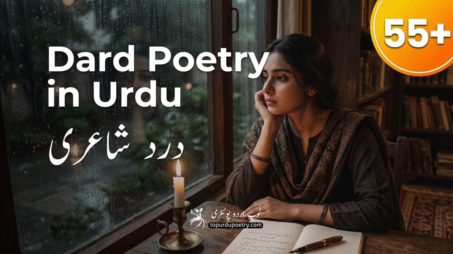 A melancholic scene of a woman sitting alone by a rainy window with a candle and notebook, representing deep dard poetry in urdu and emotional hurt poetry in urdu.